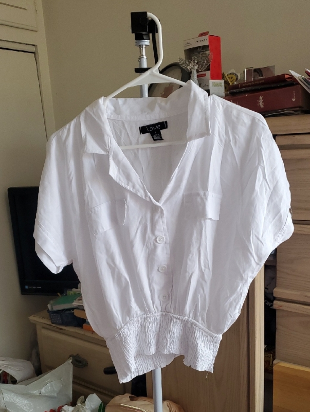 Love White Collared Short Sleeve Button-Up Blouse Top Size M